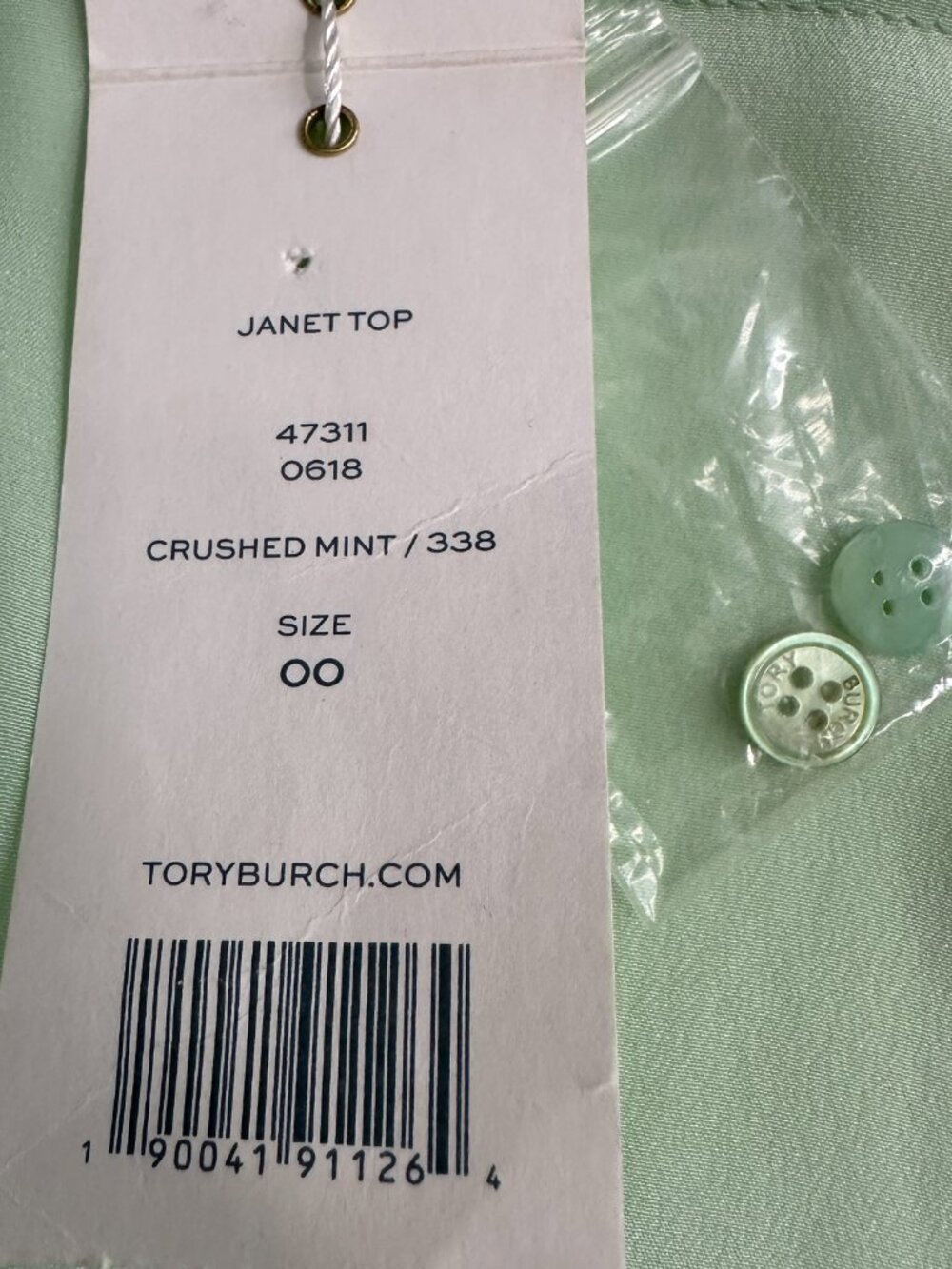 NWT Tory Burch Janet Top Crushed Mint Green 100% Silk Button Up Blouse 00 - Picture 11 of 12